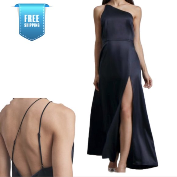(NWT) 100% Silk One Shoulder Silk Maxi Dress - Midnight Black, S